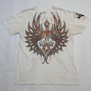 Affliction Shirt Mens XL White Live Fast Winged Cross Skull Graphic Stitching